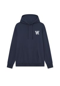Marineblauer Hoodie aus weichem Stoff, mit einer Vordertasche, verstellbarer Kordelzugkapuze und einem weißen Logo auf der Brust.