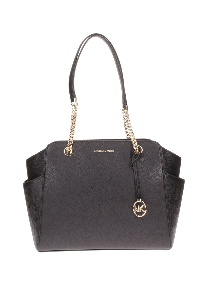 Borsa a tote in pelle nera con finitura a pallini, dettagli in catena dorata e charm con logo. Presenta doppie spalline e tasche laterali.