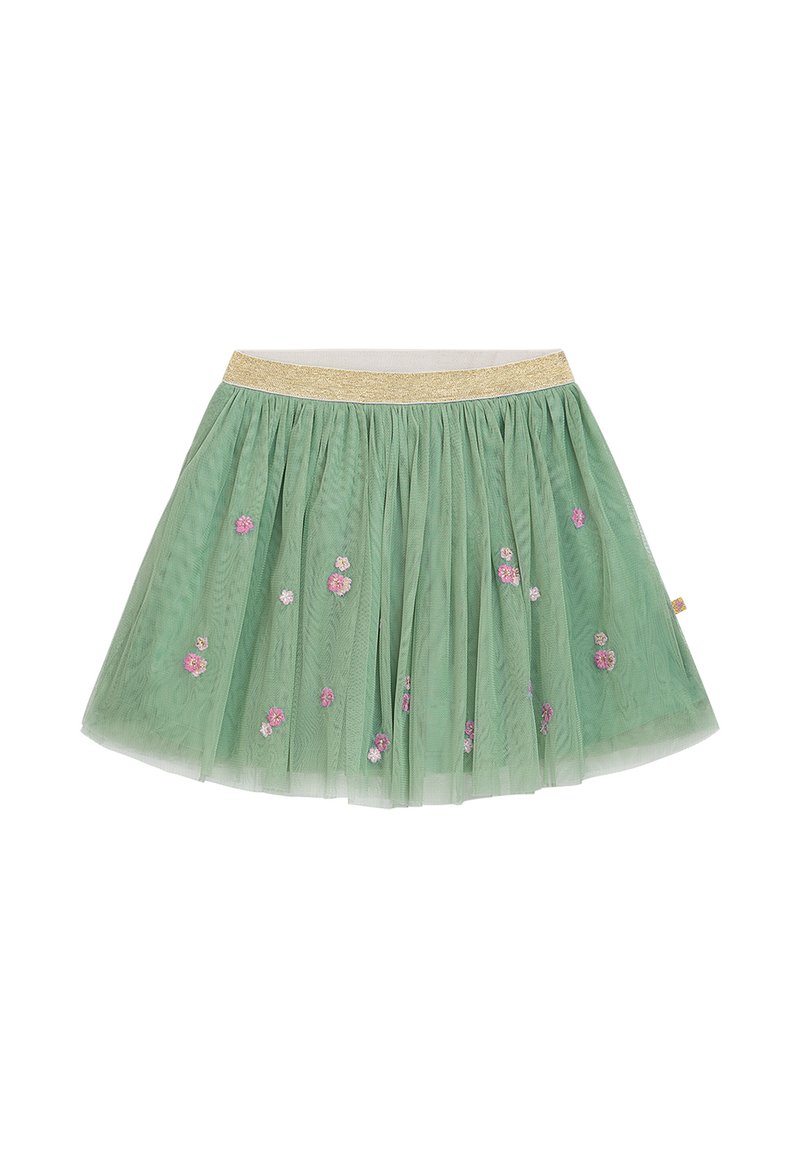 Ein grüner Tüllrock mit einem goldenen elastischen Bund, der mit rosa Blumenstickereien versehen ist und ein mehrlagiges, luftiges Design aufweist.