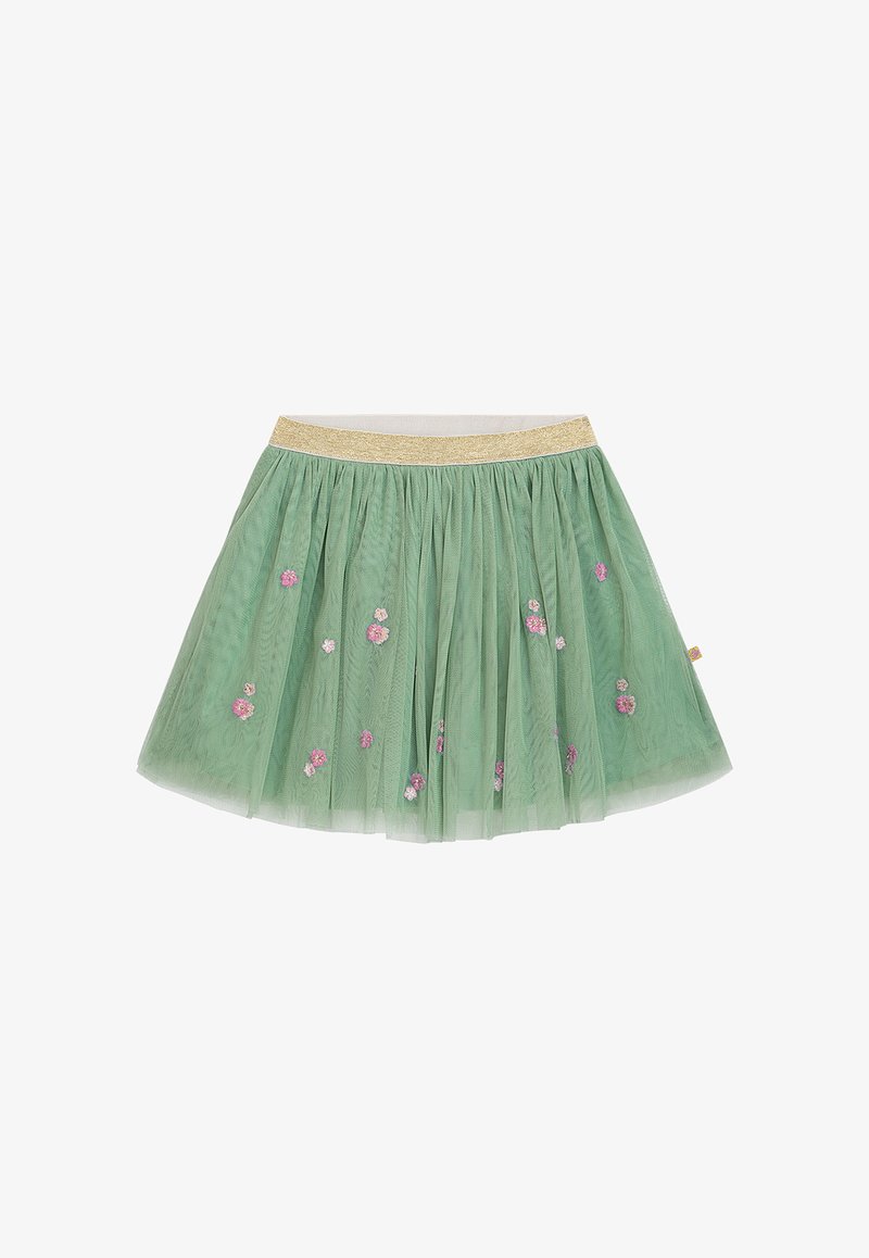 Ein grüner Tüllrock mit einem goldenen elastischen Bund, der mit rosa Blumenstickereien versehen ist und ein mehrlagiges, luftiges Design aufweist.