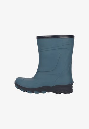 Blauwe rubberen laars met een gestructureerd oppervlak, afgeronde neus, hoge schacht en donker zool met een profiel voor grip.