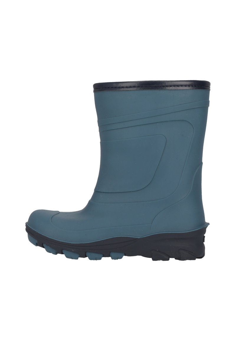 Sininen kumisaapas, jossa on teksturoitu pinta, pyöreä kärki, korkea varsi ja tumma pohja, jossa on urituskuvio pitävän otteen saavuttamiseksi.