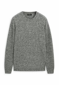 Szary sweter z dzianiny z okrągłym dekoltem i prążkowaną fakturą, z długimi rękawami i luźnym krojem. Prosty i wszechstronny design.