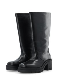 Botas de cuero negras hasta la rodilla con un diseño elegante, suelas de plataforma gruesas y un tacón alto robusto. Textura suave con acentos mínimos.