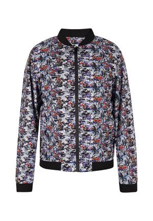 Bomberjacke mit einem mehrfarbigen abstrakten Muster auf grauem Hintergrund, schwarzen Kragen, Bündchen und Saum sowie einem Frontreißverschluss.