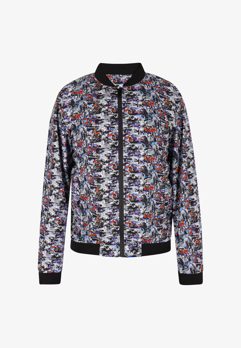 Bomberjack in een multikleuren abstract patroon op een grijze achtergrond, met een zwarte kraag, manchetten en tailleband, en een rits aan de voorkant.