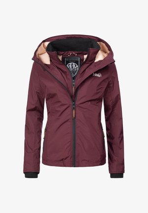 Dame maroon lynlås hættetrøje med sort indvendig krave, beige fleecefor, lynlåslommer og logo på brystet.