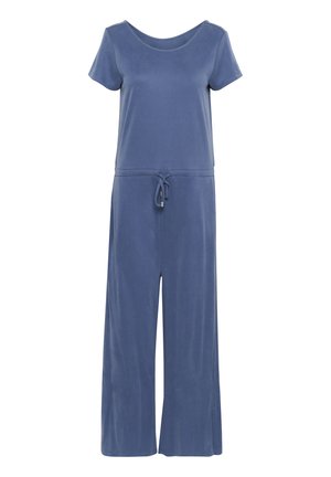 Niebieski kombinezon z krótkim rękawem wykonany z miękkiego materiału, z okrągłym dekoltem, pasek ściągający w talii oraz szerokimi nogawkami dla komfortowego dopasowania.