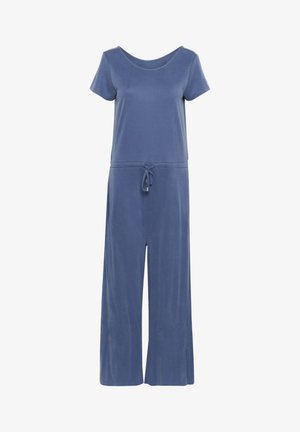 Combinaison bleu à manches courtes en tissu doux, avec un col rond, une taille à cordon et une coupe ample pour un ajustement confortable.