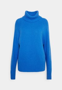 Pullover a collo alto di colore blu brillante, lavorato a maglia, con maniche lunghe e polsini, orlo e colletto a coste, esposto su uno sfondo bianco semplice.
