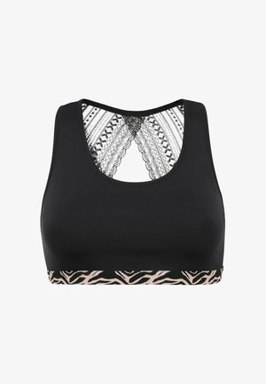 Black sports bra with a lace racerback design and a beige zebra-print band at the hem. Smooth texture and fitted shape.