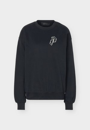 Must pikkade varrukatega crewneck-pusad, millel vasakul rinnal valge geomeetriline logo ning soonilised varrukaservad ja alläär.