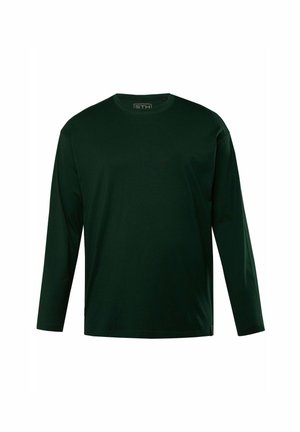 T-shirt a maniche lunghe di colore verde scuro, realizzato in tessuto morbido, con colletto a girocollo e un design minimalista. Nessun motivo o dettaglio visibile.