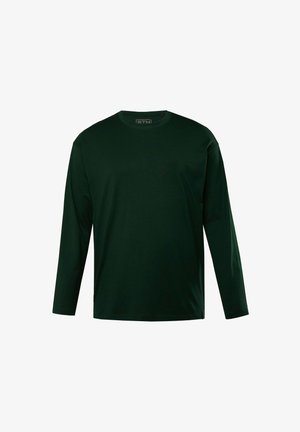 Długi rękaw T-shirt w ciemnozielonym kolorze, wykonany z miękkiego materiału, z okrągłym dekoltem i minimalistycznym wzornictwem. Brak widocznych wzorów lub akcentów.