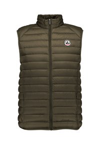 Veste matelassée sans manches vert olive avec fermeture éclair à l'avant et petit patch logo circulaire sur le côté gauche de la poitrine.