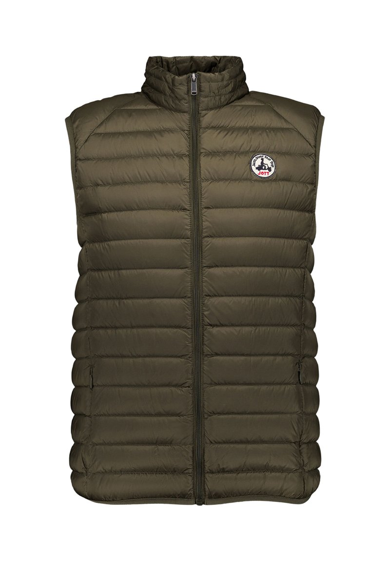 Veste matelassée sans manches vert olive avec fermeture éclair à l'avant et petit patch logo circulaire sur le côté gauche de la poitrine.