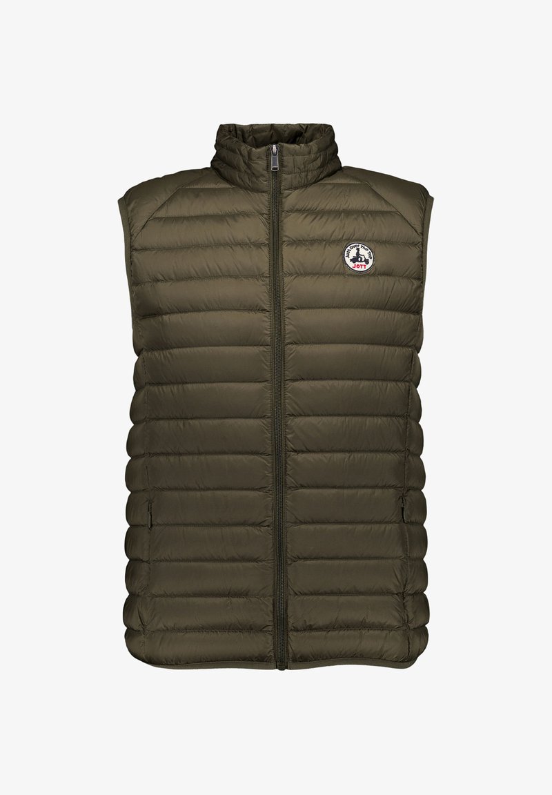 Veste matelassée sans manches vert olive avec fermeture éclair à l'avant et petit patch logo circulaire sur le côté gauche de la poitrine.