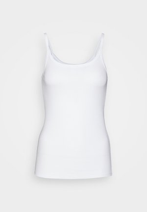 Valkoinen puuvillainen hihaton paita, jossa on ohuet olkaimet, pyöreä kaula-aukko ja muodikas siluetti. Suora rakenne ilman näkyviä kuvioita tai koristeita.