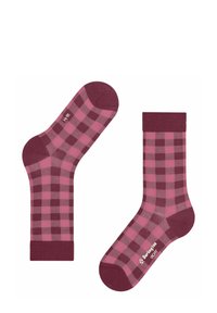 Chaussettes avec un motif damier dans des nuances de bordeaux et de rose. Fabriquées en tissu doux avec des poignets côtelés et des talons renforcés.