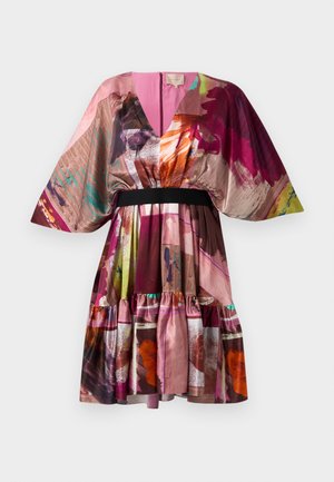 Multicolored dress with a deep V-neck, wide sleeves, black waistband, and a tiered, ruffled skirt featuring abstract patterns and textures.