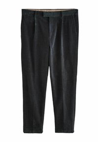 Dark gray corduroy trousers with a smooth texture, featuring a flat front, two side pockets, and a tailored fit.