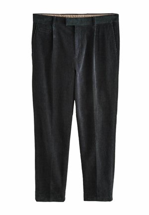 Dark gray corduroy trousers with a smooth texture, featuring a flat front, two side pockets, and a tailored fit.