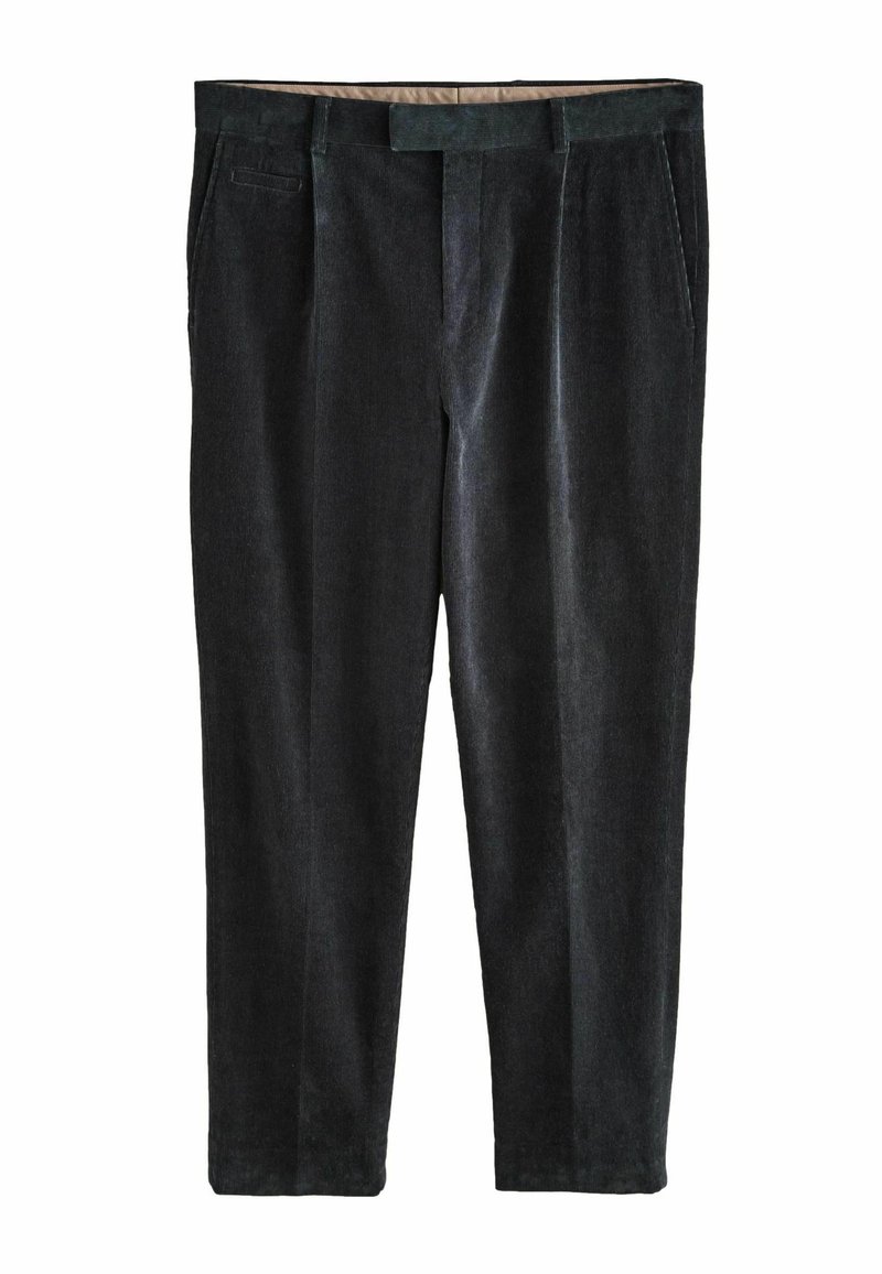 Dark gray corduroy trousers with a smooth texture, featuring a flat front, two side pockets, and a tailored fit.