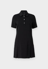 Abito polo nero con colletto, maniche corte, patta con cinque bottoni e gonna plissettata. Realizzato in materiale morbido ed elastico per il massimo comfort.