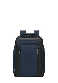Zaino navy e nero con forma rettangolare, multiple tasche, zip e spallacci imbottiti. Realizzato in tessuto resistente con una superficie liscia.