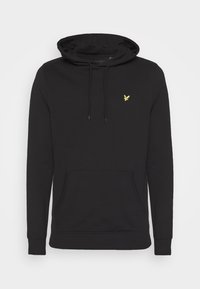 Felpa nera realizzata in tessuto morbido, con tasca a marsupio, cappuccio regolabile con cordino e un piccolo logo giallo sul petto.