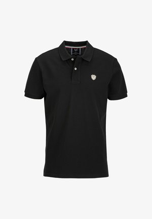 Schwarzes Poloshirt aus Baumwolle, mit klassischem Kragen, kurzen Ärmeln, zwei Knöpfen am Revers und einem kleinen Wappen-Logo auf der Brust.