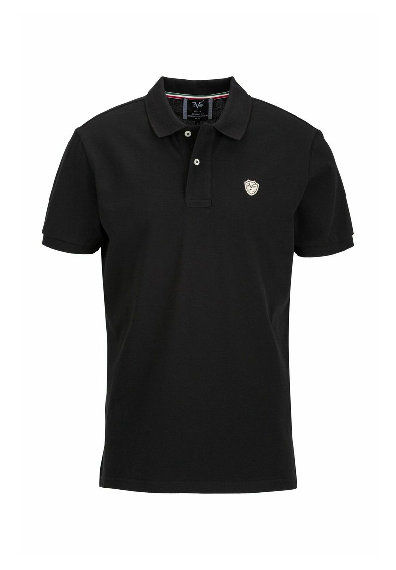 Zwarte polo shirt van katoen, met een klassieke kraag, korte mouwen, een knoopsluiting met twee knopen en een klein schildlogo op de borst.