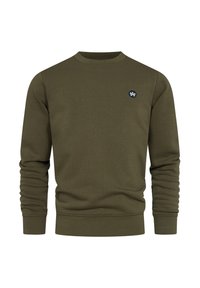 Olivengrüner Pullover aus geripptem Baumwollstoff mit langen Ärmeln, Rundhalsausschnitt und kleinem schwarzem gesticktem Logo auf der Brust.