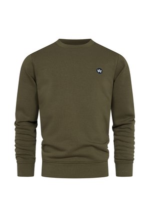Sudadera de color verde oliva hecha de algodón acanalado, con mangas largas, cuello redondo y un pequeño logo negro bordado en el pecho.
