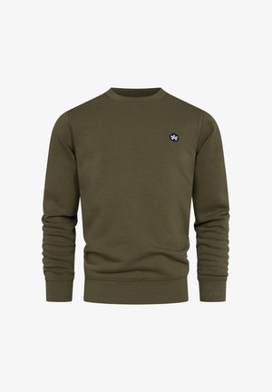 Olijfgroene sweatshirt gemaakt van ribbelkatoen met lange mouwen, een ronde hals en een klein zwart geborduurd logo op de borst.