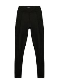 Leggings negros con una cintura alta, con dos bolsillos laterales y costuras en contraste. Hechos de un material elástico para mayor comodidad.