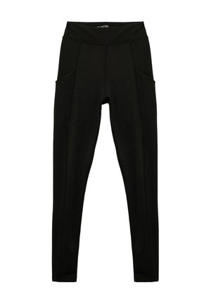 Black leggings with a high waistband, featuring two side pockets and contrasting stitching. Made from a stretchy material for comfort.