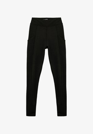 Leggings noirs avec une taille haute, dotés de deux poches latérales et de coutures contrastantes. Fabriqués à partir d'un matériau extensible pour le confort.