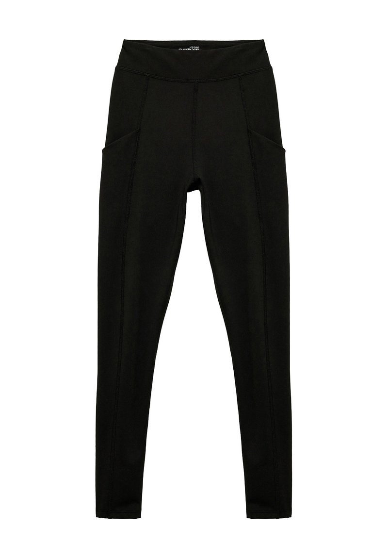 Leggings negros con una cintura alta, con dos bolsillos laterales y costuras en contraste. Hechos de un material elástico para mayor comodidad.