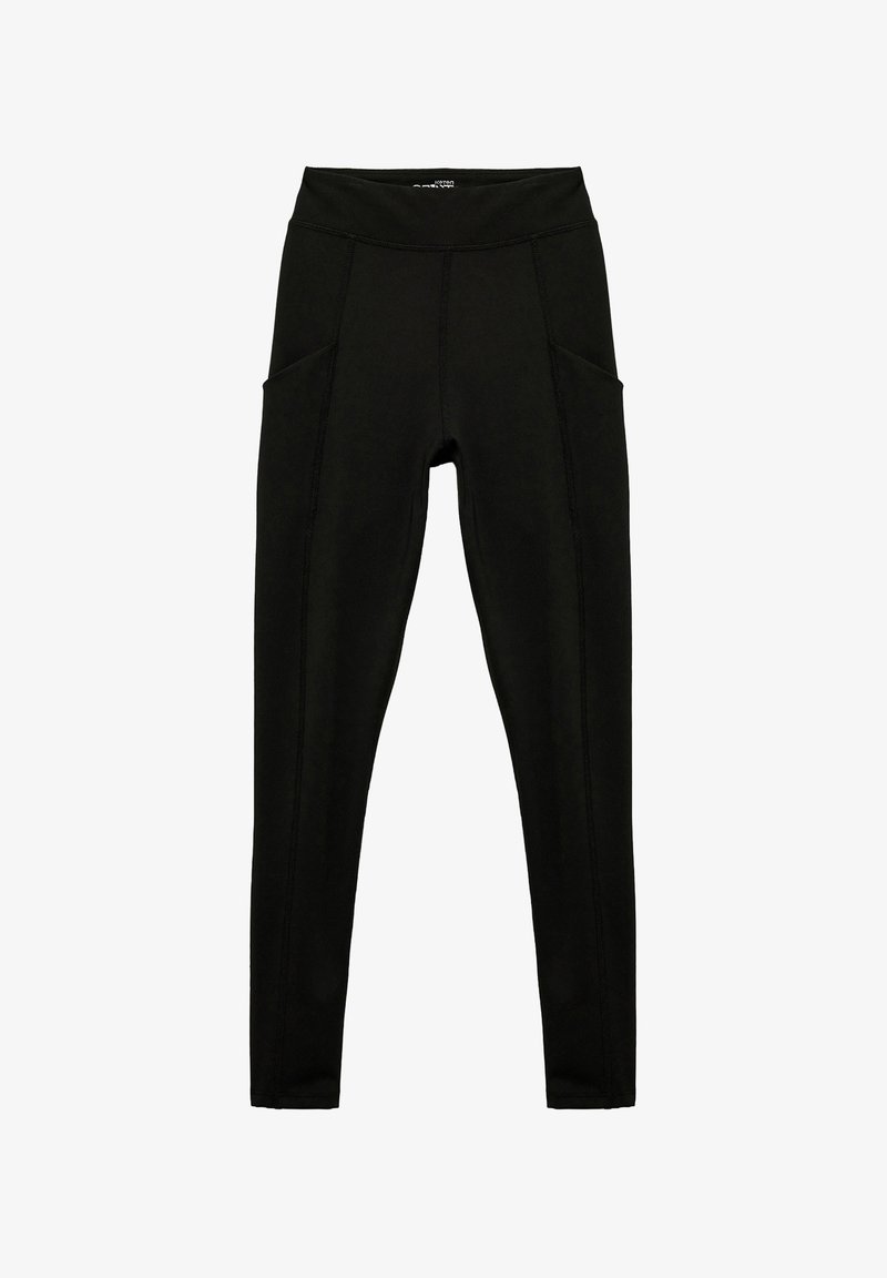 Leggings noirs avec une taille haute, dotés de deux poches latérales et de coutures contrastantes. Fabriqués à partir d'un matériau extensible pour le confort.