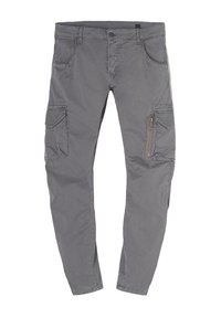 Grijze cargobroek met meerdere zakken, een met rits afgesloten zijzak en een lichte, gestructureerde stof. Strakke pasvorm met taps toelopende benen.