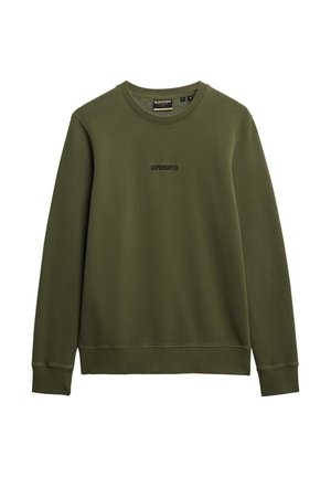 Sudadera de algodón color verde oliva con cuello redondo, puños y dobladillo de canalé. Presenta un logo negro bordado de "SUPERDRY" en el pecho.