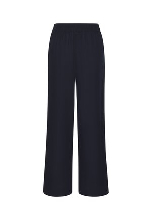 Marineblaue weite Hose mit elastischem Bund, ausgestattet mit einer glatten Textur und lockerem Schnitt. Schlichtes Design, keine sichtbaren Taschen oder Akzente.