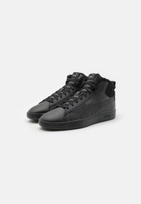 Pair of black high-top Puma sneakers with leather texture, lace-up front, and fur lining on a white background.
