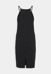 Schwarzes ärmelloses Kleid mit hohem Ausschnitt, tailliertem Schnitt, knielang und einem Frontschlitz für Bewegungsfreiheit. Glatte Stoffoberfläche.