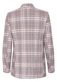 Karierter Blazer in Rückenansicht, mit einer Mischung aus rosa, blau und braun quadratischen Mustern. Klassischer Kragen und knöpfbare Manschetten sichtbar.