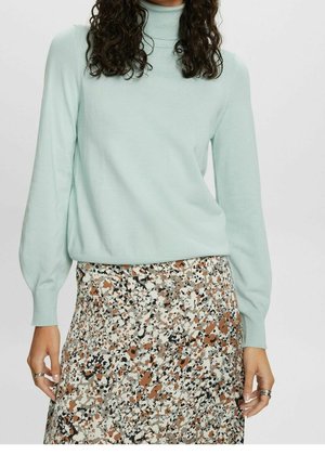 Kvinde iført en lyseblå rullekrave, kombineret med en højtaljet, flerfarvet nederdel med blomsterprint.