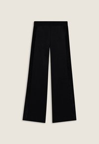 Pantalons larges noirs en tissu léger, avec une texture lisse et un minimum de détails. Taille élastique pour plus de confort.