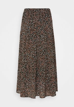 Jupe midi noire avec un petit motif floral blanc, rose et orange et une ceinture élastique, présentée sur un fond blanc uni.