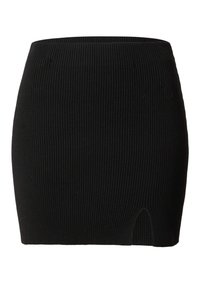 Jupe mini en tricot côtelé noir avec une silhouette ajustée, présentant un petit décolleté à l'ourlet. Le matériau extensible améliore le confort.